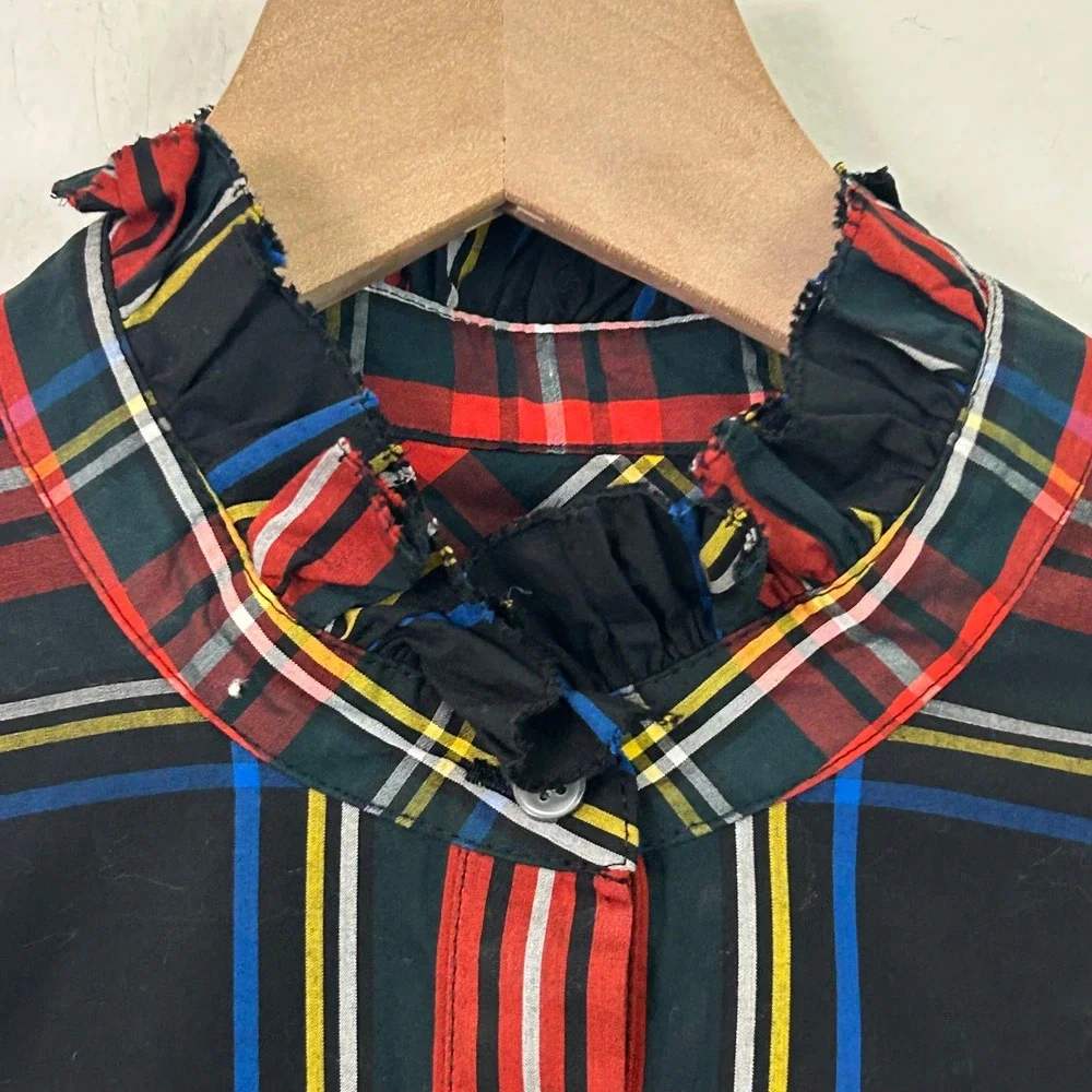 NWT J.Crew Classic Fit Ruffle Popover Black Stewart‎ Tartan Plaid Womens Small